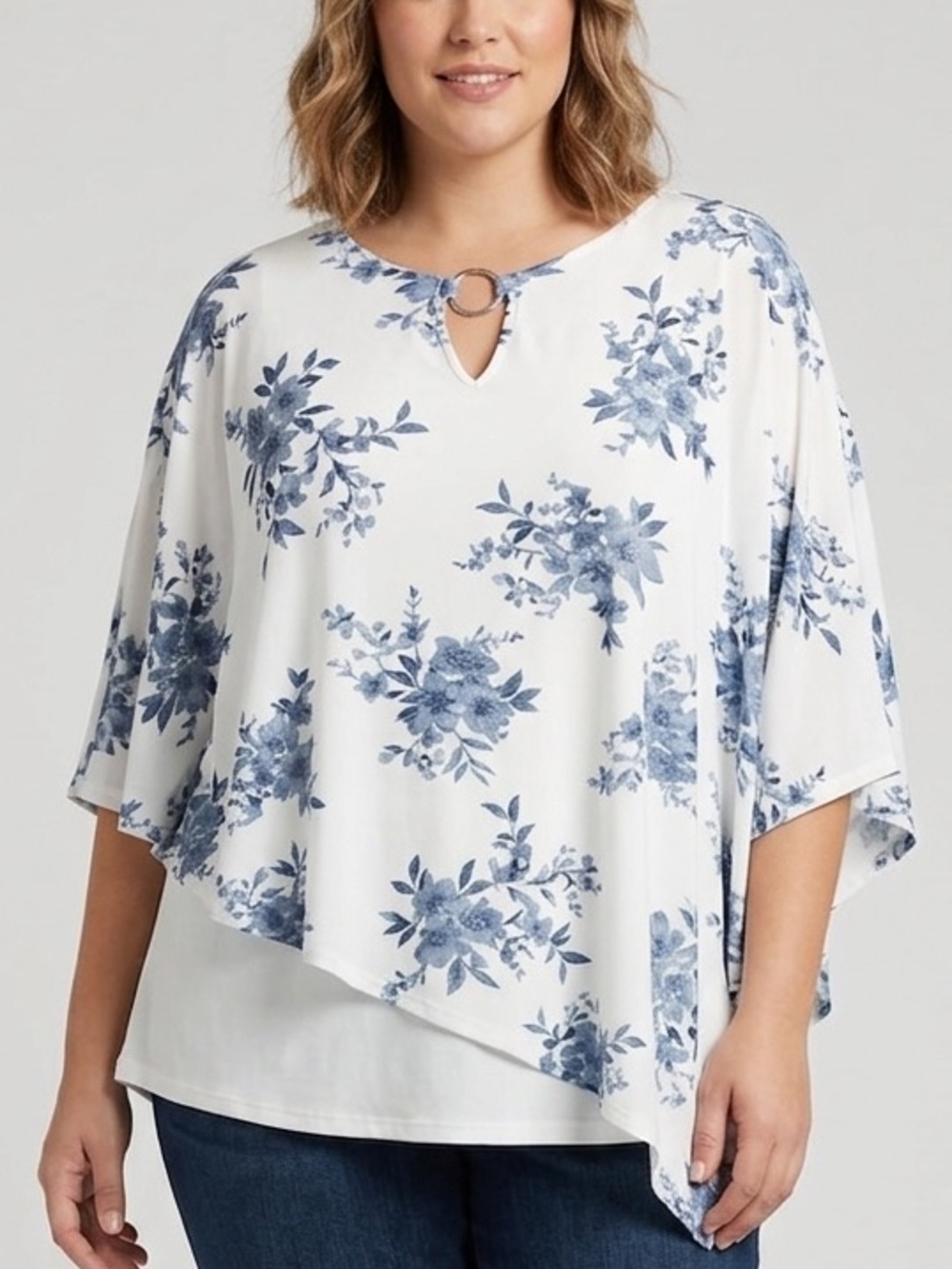 LILY MORGAN White Blue Floral Mesh Blouse 2X